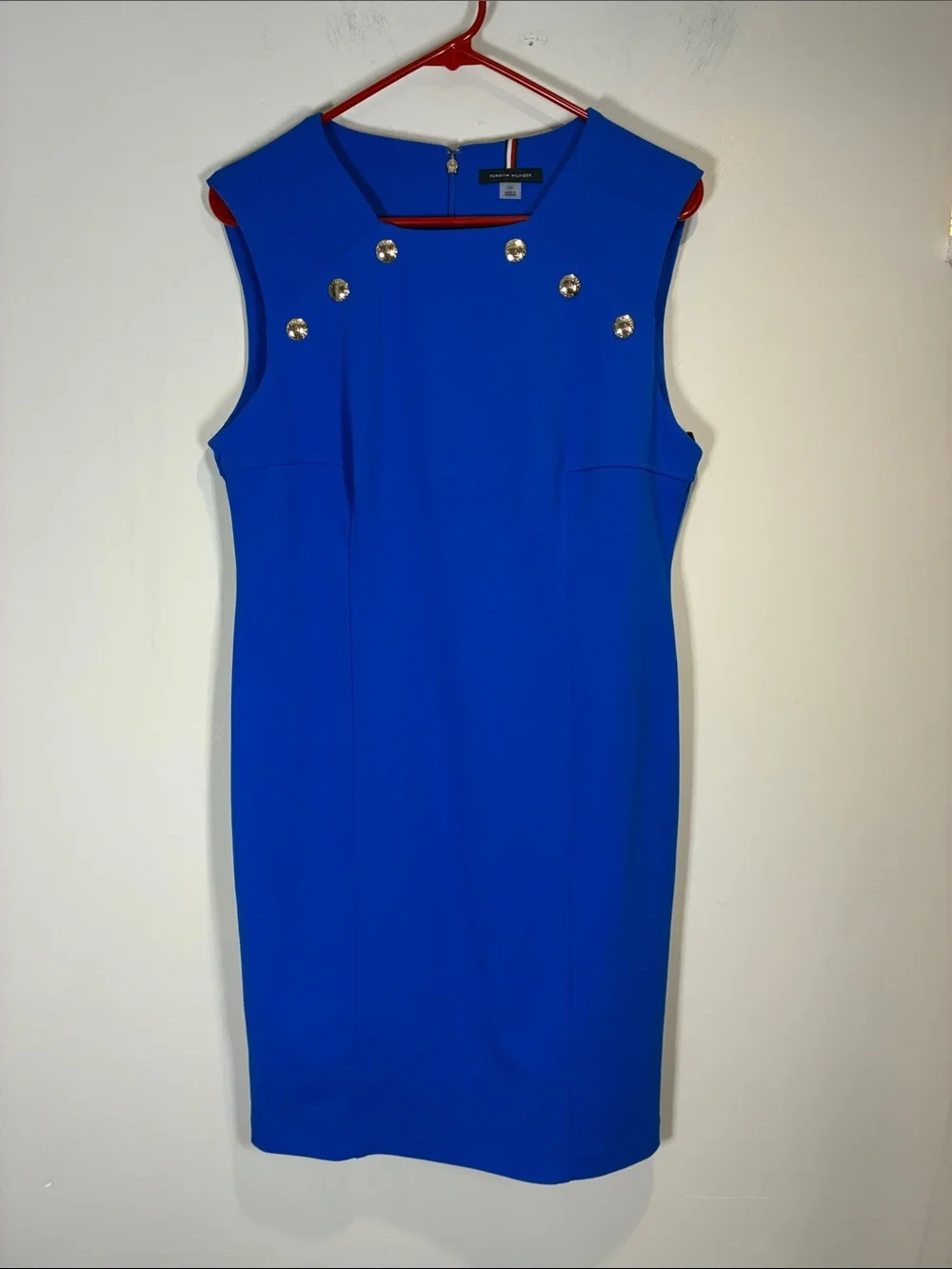 Tommy Hilfiger Blue Sheath Dress Silver Logo Buttons Size 12 Career
